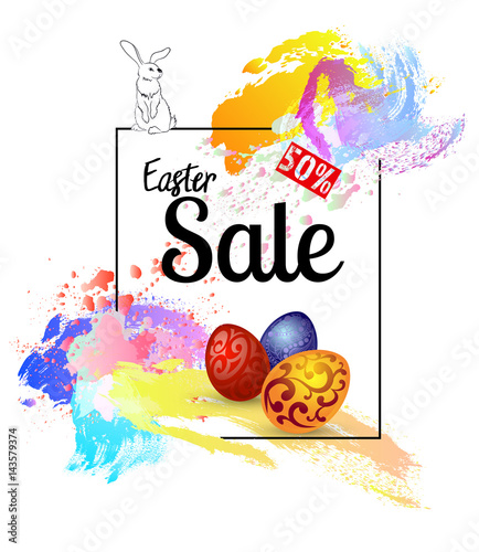Easter sale, 50%,  banner with rabbit, eggs, frame with colorful strokes.