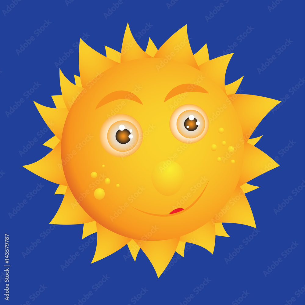 Vector sun for children. A cartoon hero. Bright, cheerful, yellow.