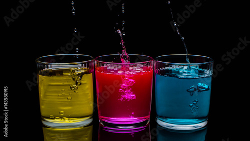 Cups drink, fresh, freshness color, shots, blue, glass, splash, water,