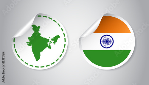 India sticker with flag and map. Label, round tag with country. Vector illustration on gray background.