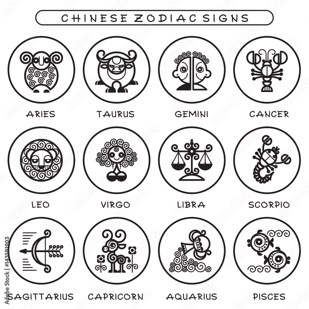 Zodiac signs - set of Icons of astrological pictures. Vector illustration of zodiac symbols in cartoon style on white circles