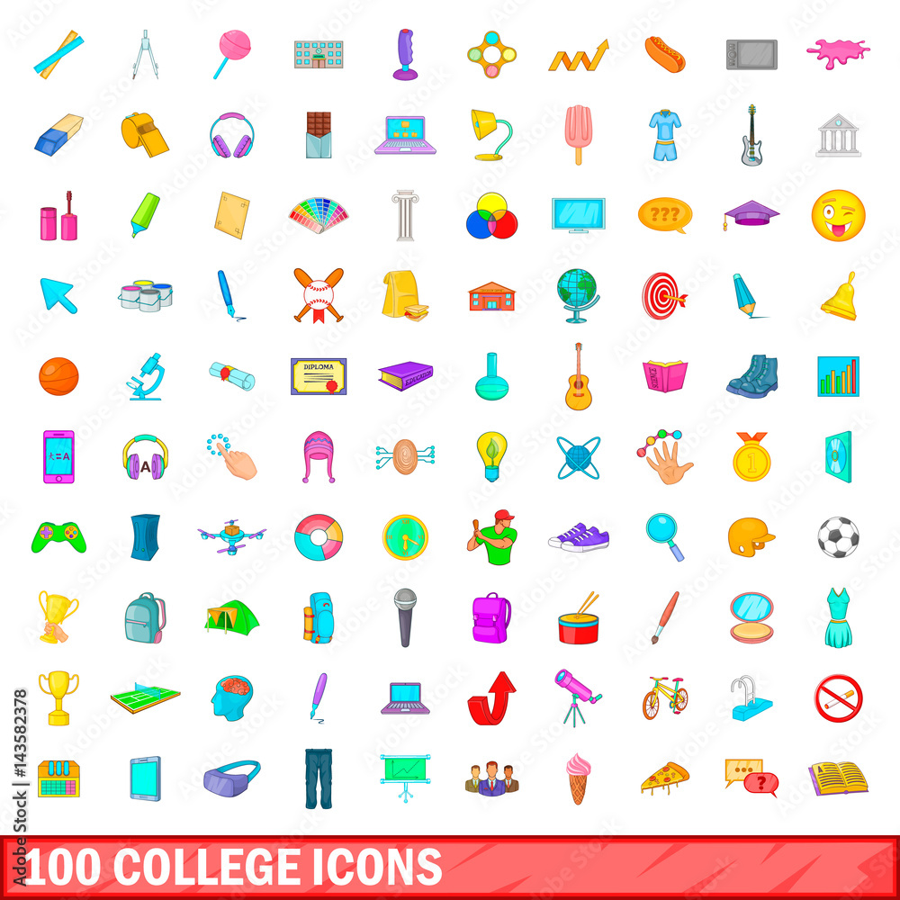 100 college icons set, cartoon style 100 college icons set, cartoon style