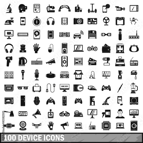 100 device app icons set, simple style 