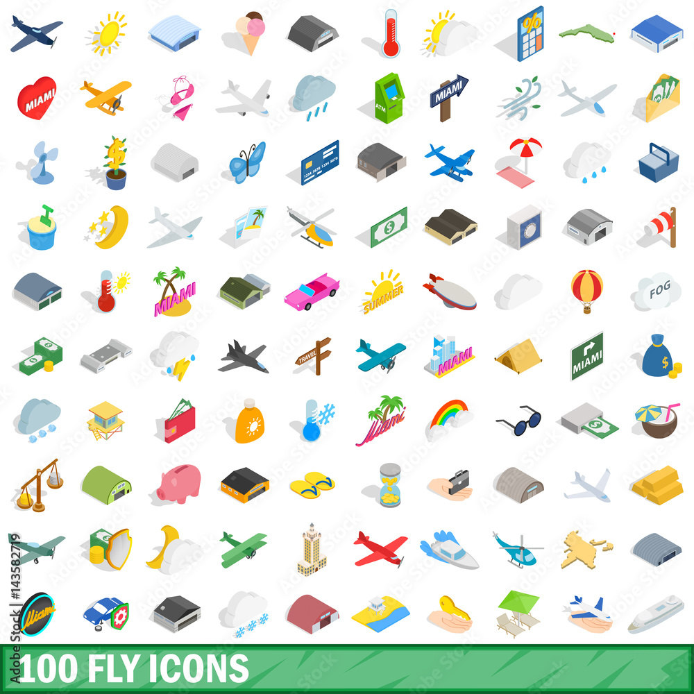 100 fly icons set, isometric 3d style
