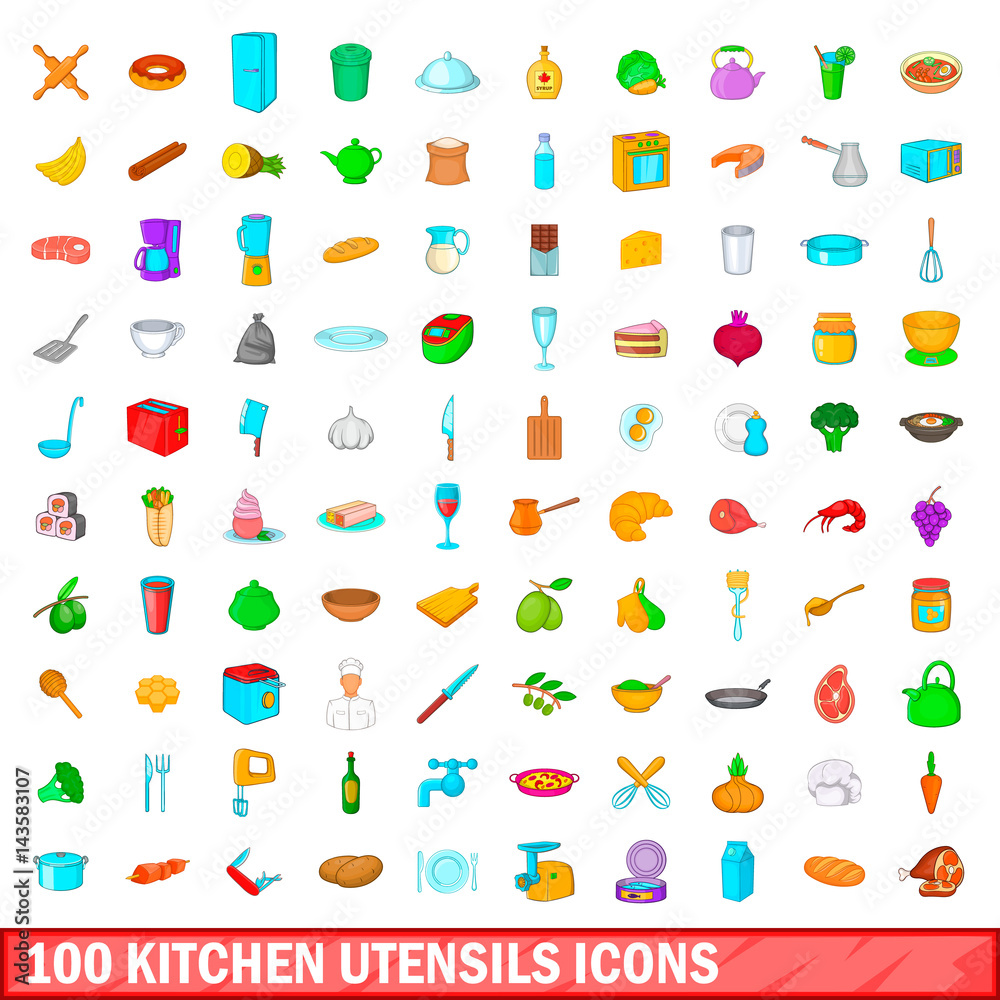 100 kitchen utensils icons set, cartoon style
