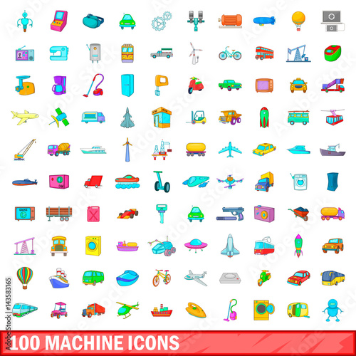 100 machine icons set, cartoon style