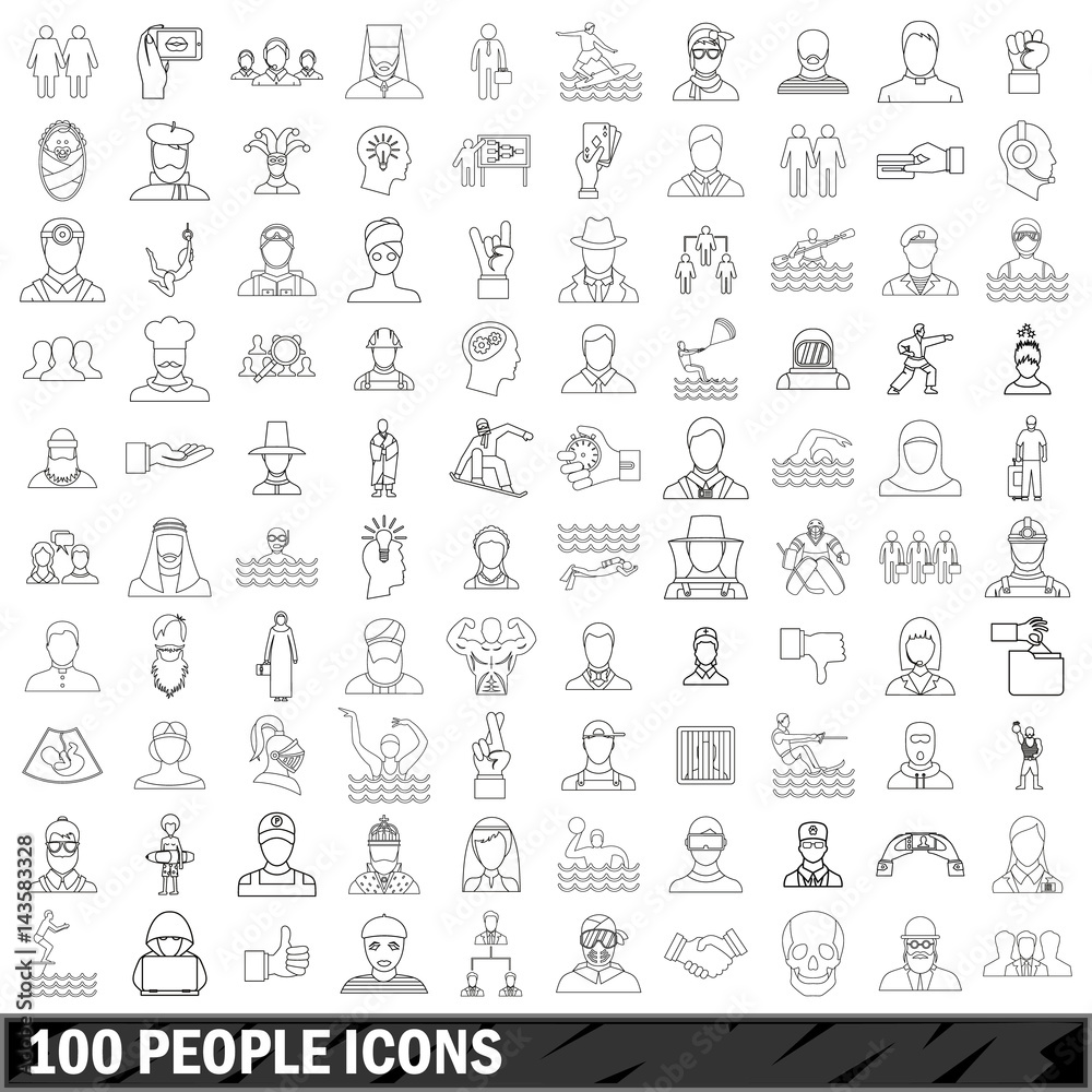 100 people icons set, outline style 100 people icons set, outline style