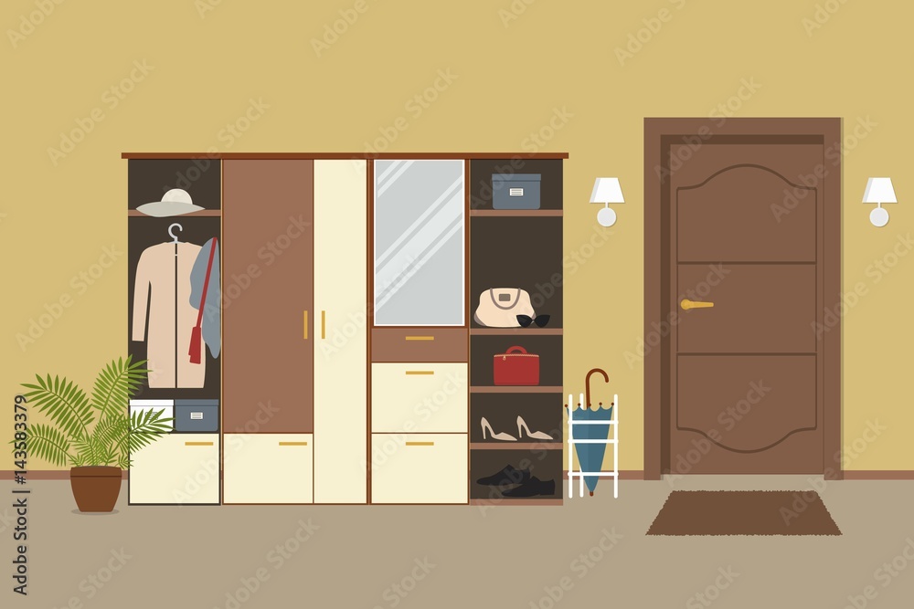 Entrance hall in the apartment. There is a cabinet with things, an umbrella, a flower in a pot and other objects on the door background in the picture. Vector flat illustration. - obrazy, fototapety, plakaty 