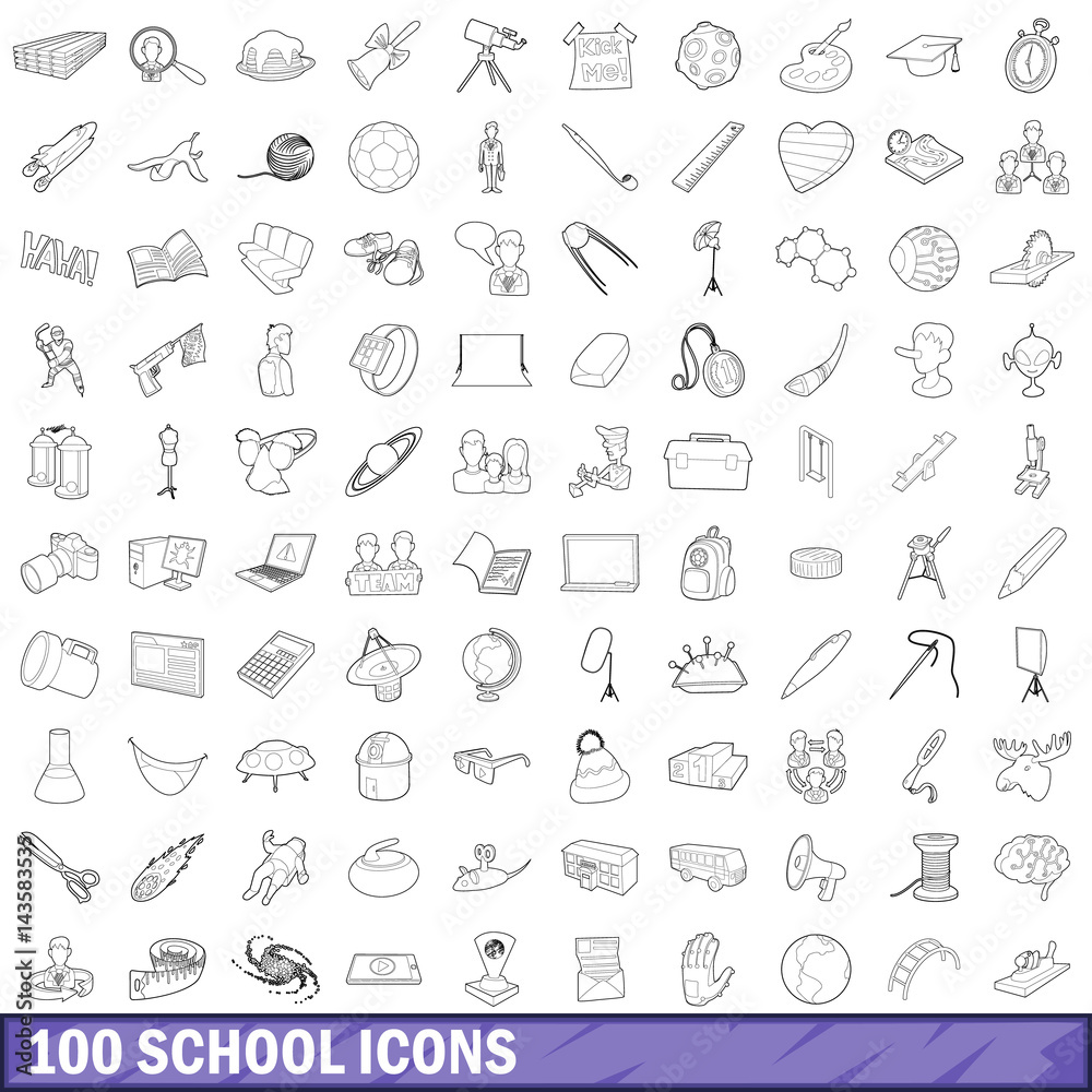 100 school icons set, outline style