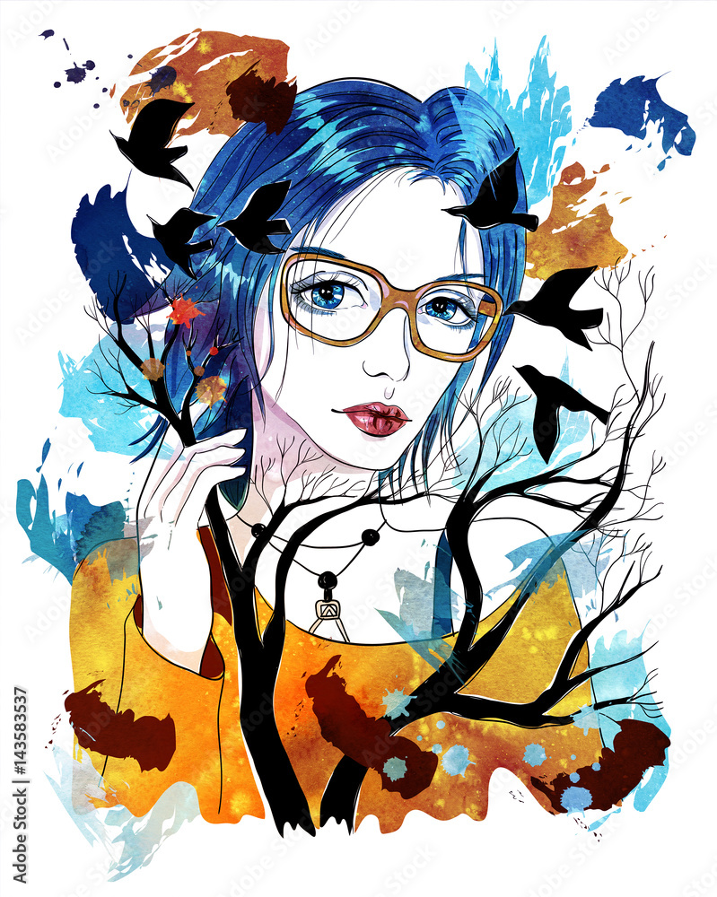 Naklejka premium Beautiful girl with blue hair and glasses. Trees and flying birds. Fashion Illustration on abstract background