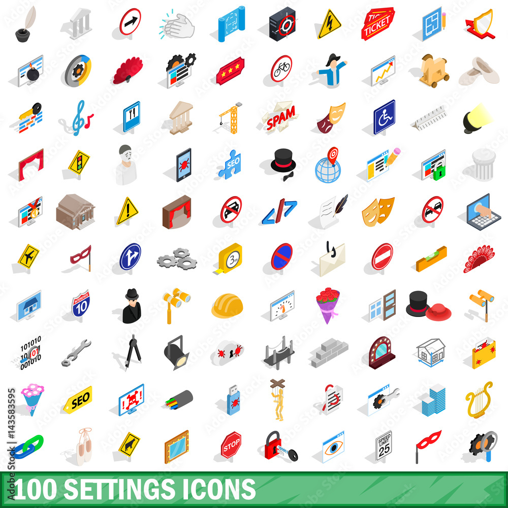 100 settings icons set, isometric 3d style 100 settings icons set, isometric 3d style