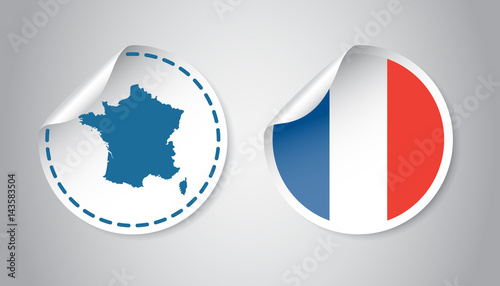 France sticker with flag and map. Label, round tag with country. Vector illustration on gray background.