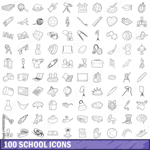 100 school icons set  outline style