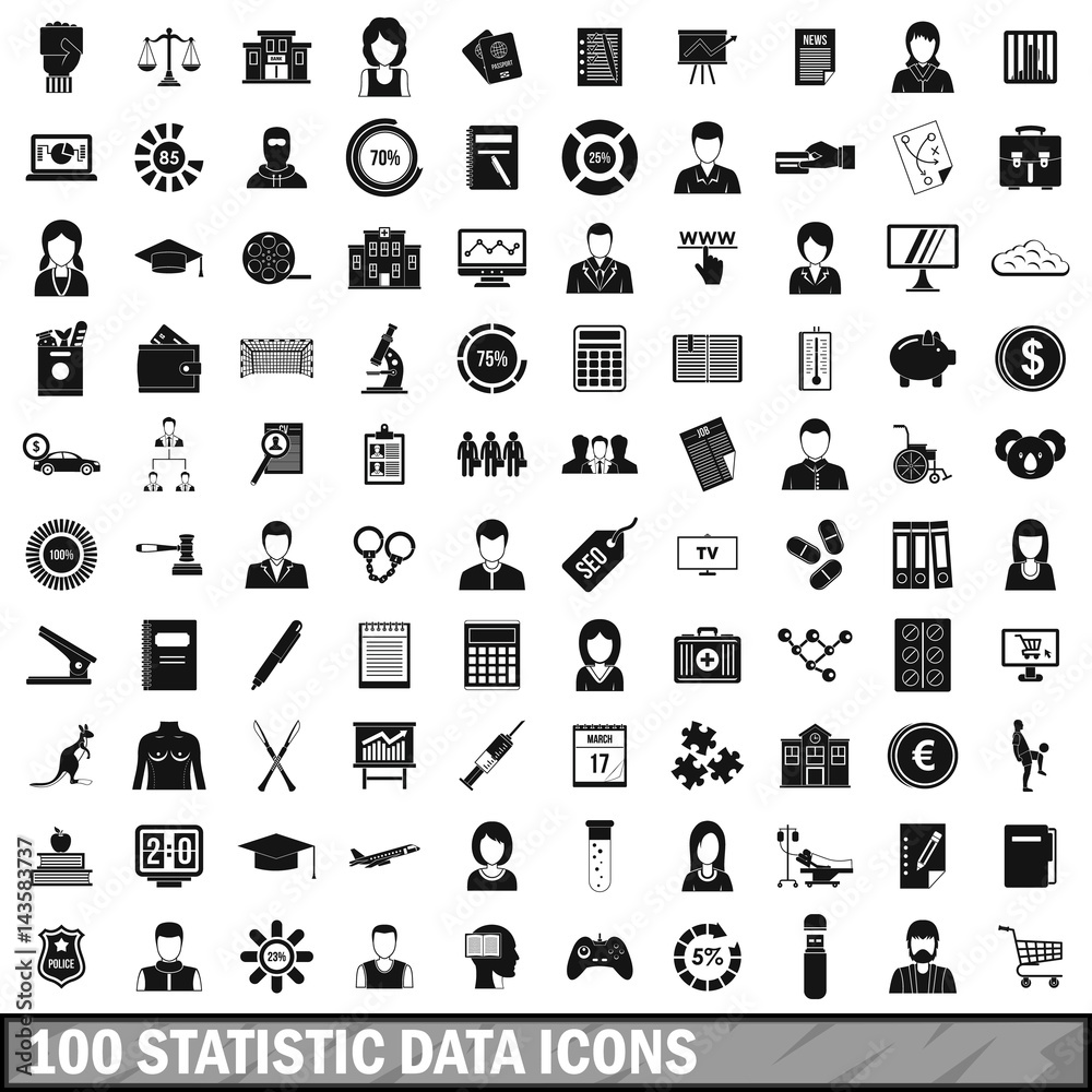 100 statistic data icons set, simple style 100 statistic data icons set, simple style