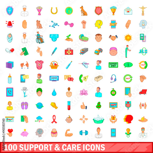 100 support and care icons set, cartoon style