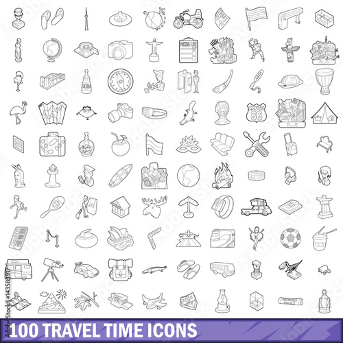 100 travel time icons set, outline style