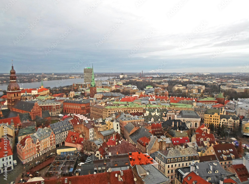 Panoramic view to the city center of old Riga from the Saint Peter's Church's tower, Latvia - December 2016