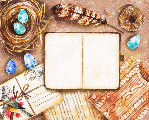 Vintage easter watercolor mockup. Blank notebook with place for text, sweater, neast and easter eggs, feather, envelope. Hand-drawn illustration photo