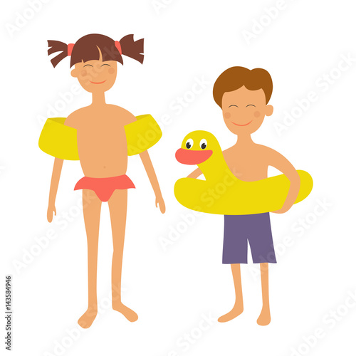 Cute boy holding inflatable baby lifeline and funny girl in the sleeves . Summer cartoon vector illustration isolated on white background.