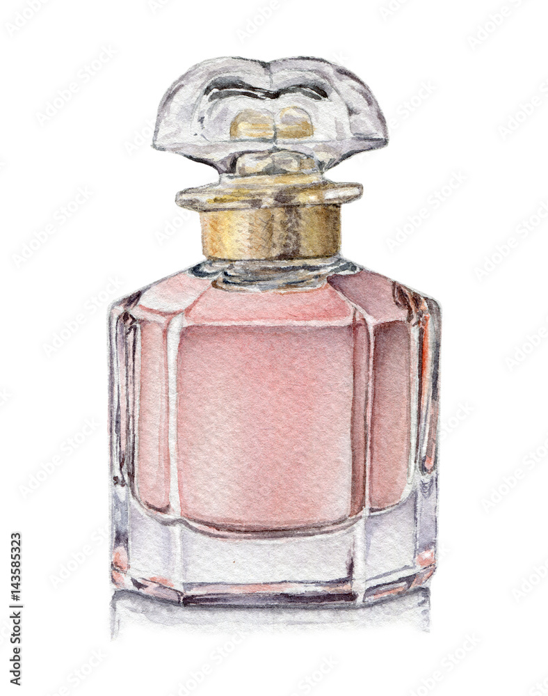 Watercolor illustration of Perfume in glass bottle Watercolor illustration of Perfume in glass bottle
