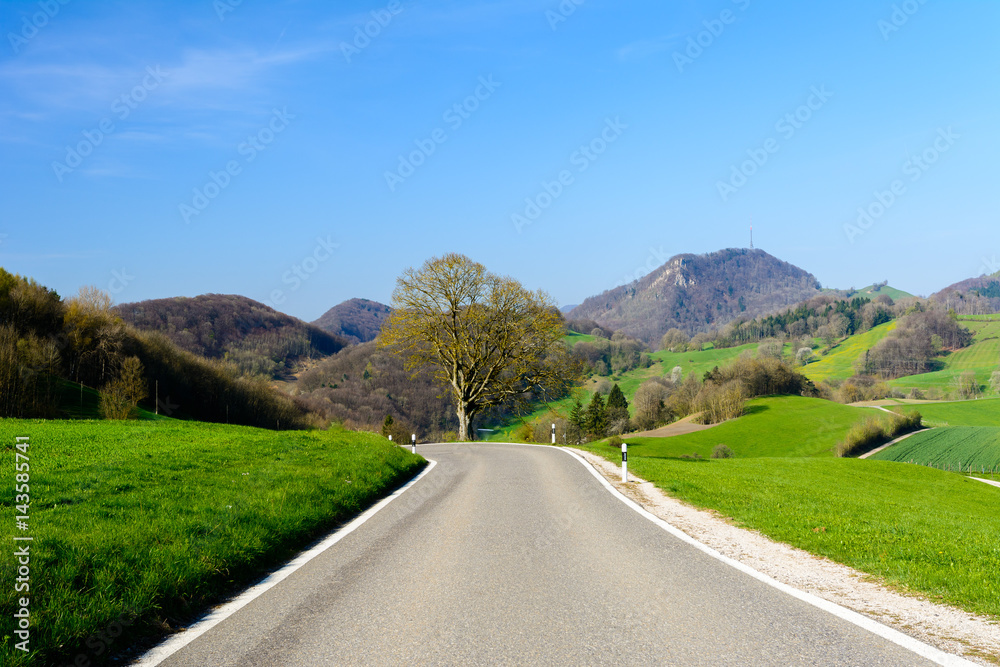 Strasse mit Baum und Berge im Frühling Strasse mit Baum und Berge im Frühling