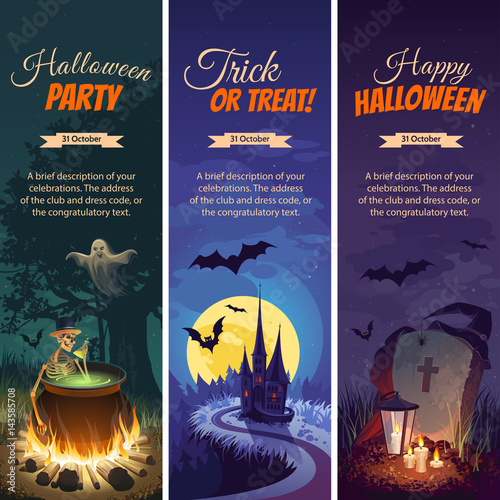 Halloween Banners with the characters on the background. Night autumn landscape