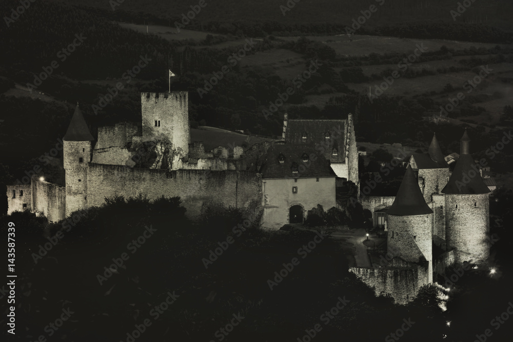 Ruins of Castle Bourscheid at night, Luxembourg
