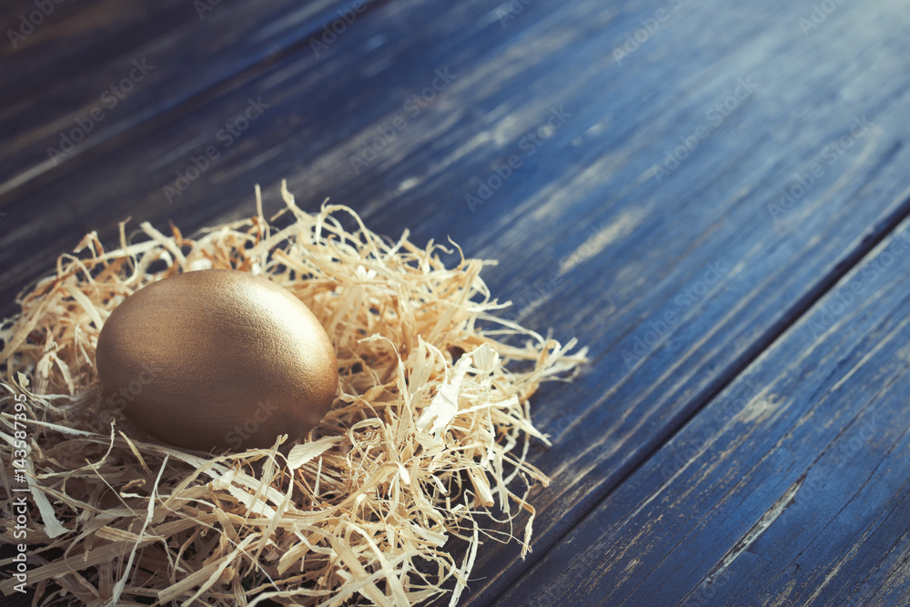 Golden egg in a nest on an old wooden table Golden egg in a nest on an old wooden table