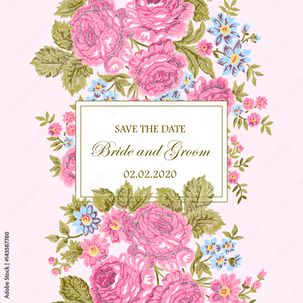 Embroidered floral frame with vintage roses and room for text on white background. Wedding invitation card. Vintage style. Template for your design.