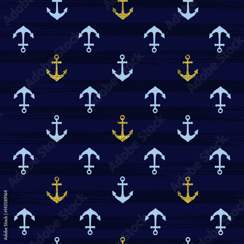 Blue and gold pattern background with anchor. Vector