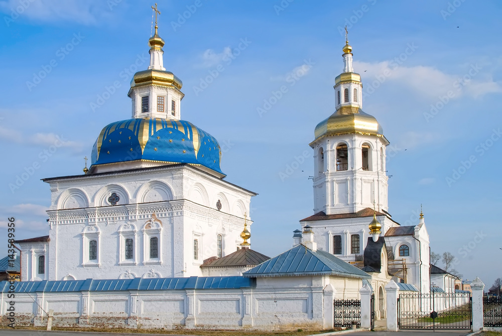 Sacred Znamensky temple and Egypt Saint Maria church. Cvyato-Znamensky Abalak man's monastery. Tobolsk district. Russia