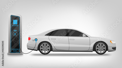 Electric car charging station and banner isolated on white background