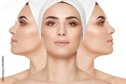 Different views of woman with cared face and neck skin.