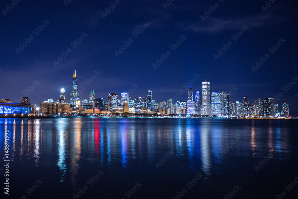 Chicago skyline at night. View on Michigan lake and downtown Chicago. Illinois. USA