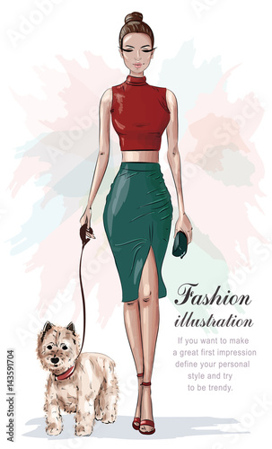 Stylish woman in fashion clothes with little dog. Beautiful fashion woman with hand bag. Sketch. Vector illustration.