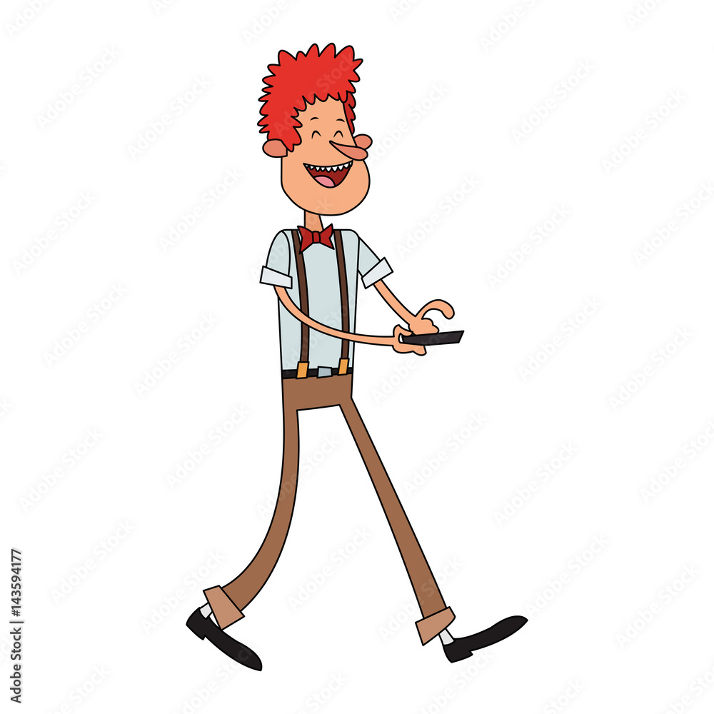 laughing red hair man holding cellphone cartoon icon image vector illustration design 