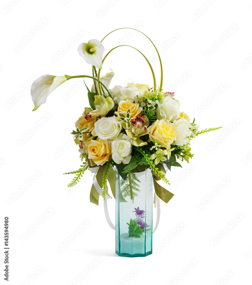 Artificial or imitation flower bouquet in glass vase