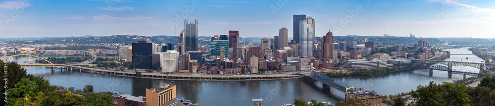 Panoramic view of Pittsburgh city skyline and Monongahela River from Mt. Washington