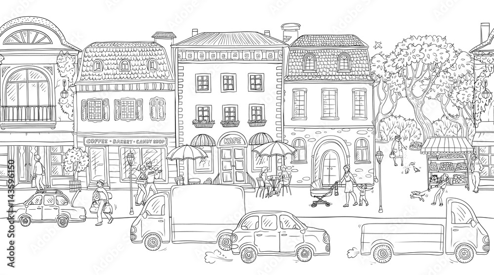 Seamless pattern background. Vector illustration. Urban street in the historic European city. People walking, residential buildings with cafes and shops, the different situations of town life