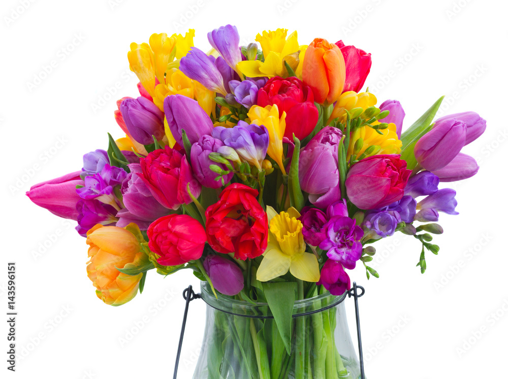 bouquet of bright spring flowers in glass vase close up isolated on white background bouquet of bright spring flowers in glass vase close up isolated on white background