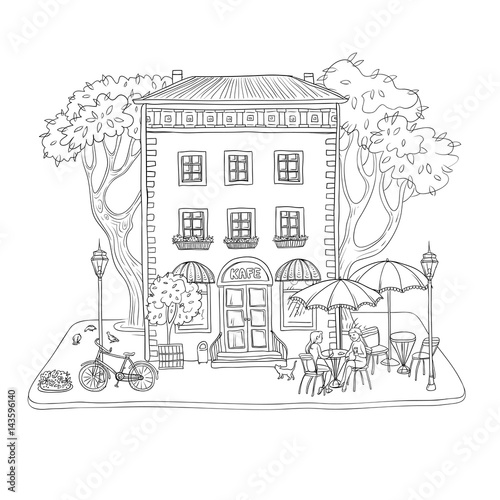 Black and white vector sketch illustration. City cafe in a vintage building, on street, women drinking coffee and talking at tables under the umbrella.