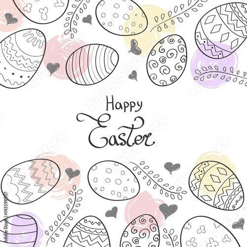 Happy Easter background and lettering, eggs, twigs and hearts
