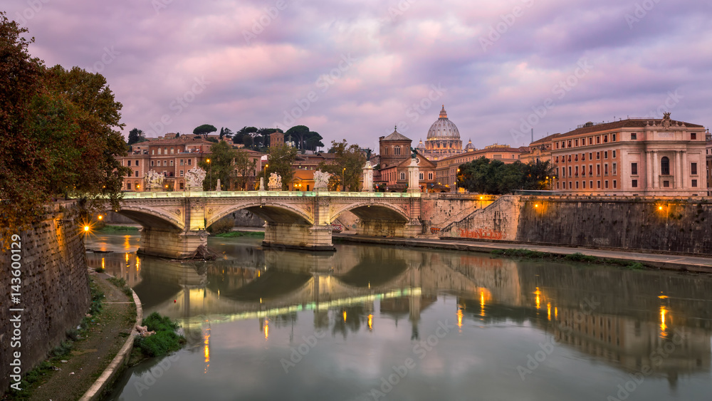Saint Peter's Cathedral and Vittorio Emmanuele II Bridge in the Morning, Rome, Italy