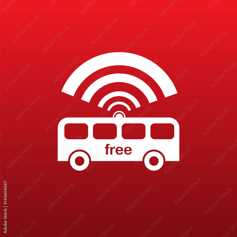 Free wifi sign in the bus. White symbol on a red background Free wifi sign in the bus. White symbol on a red background