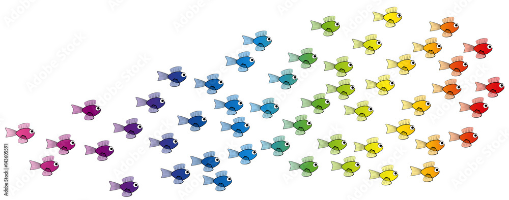 School of fish - rainbow colored young fish team - isolated vector comic illustration on white background.