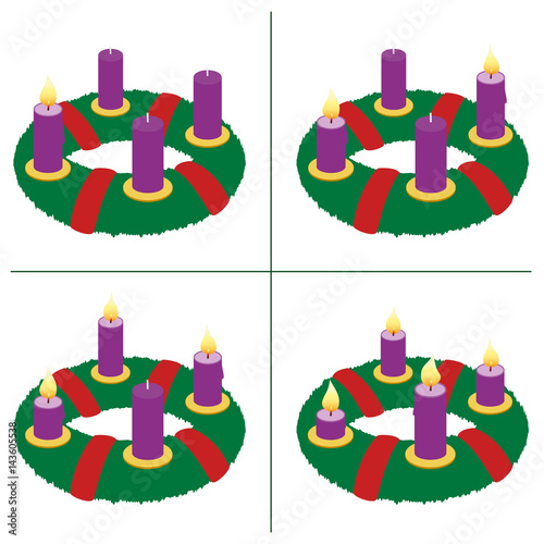 Advent wreath on first, second, third, fourth Sunday of Advent - with one, two, three and four lighted candles in different lengths depending on burning time in chronological order. Vector on white.