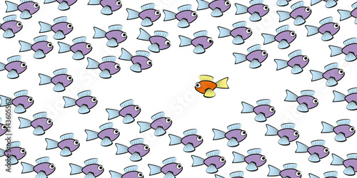 Swim against the tide - one fish is swimming in another direction - symbol for courage, individuality, loneliness or different lifestyle. Isolated vector comic illustration on white background.