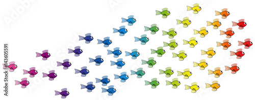 School of fish - rainbow colored young fish team - isolated vector comic illustration on white background.