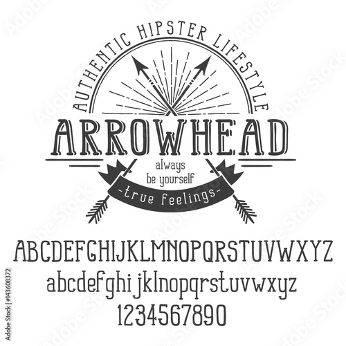 Hipster retro logo with crossed arrows and ribbon. And also the alphabet. Vector illustration.