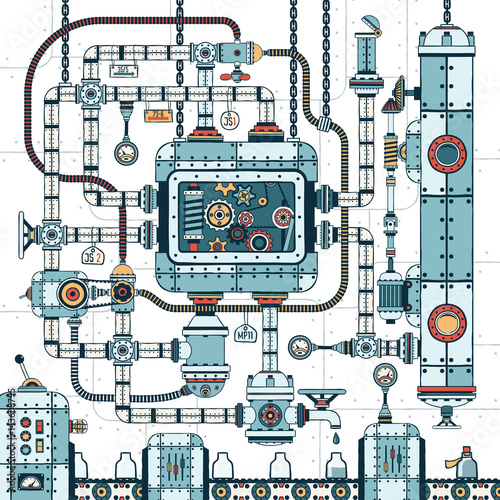 A fantastic complex steampunk machine made of interlocking pipes, cables, devices and accessories. Conveyor for filling bottles with liquid. Colored Vector illustration.